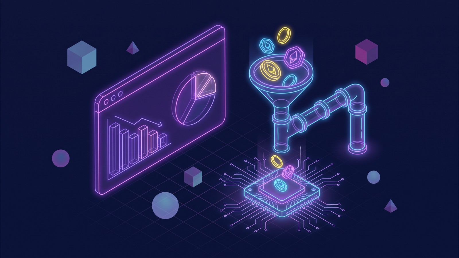 Abstract illustration of a dashboard with cost, token and connected language model charts