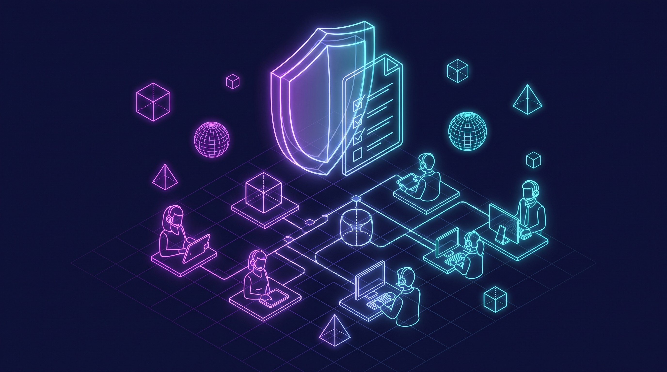 Abstract editorial illustration: a glowing shield shaped like a guideline document, with stylized margins and text lines, suspended at the center of the frame and radiating soft blue-violet light; thin luminous lines branch out from the shield connecting geometric nodes arranged around it (representing employees/teams using AI), each node marked with a small abstract icon (a chat bubble, a document, a gear); dark background with a deep navy gradient, minimal corporate style, no legible text anywhere in the image.
