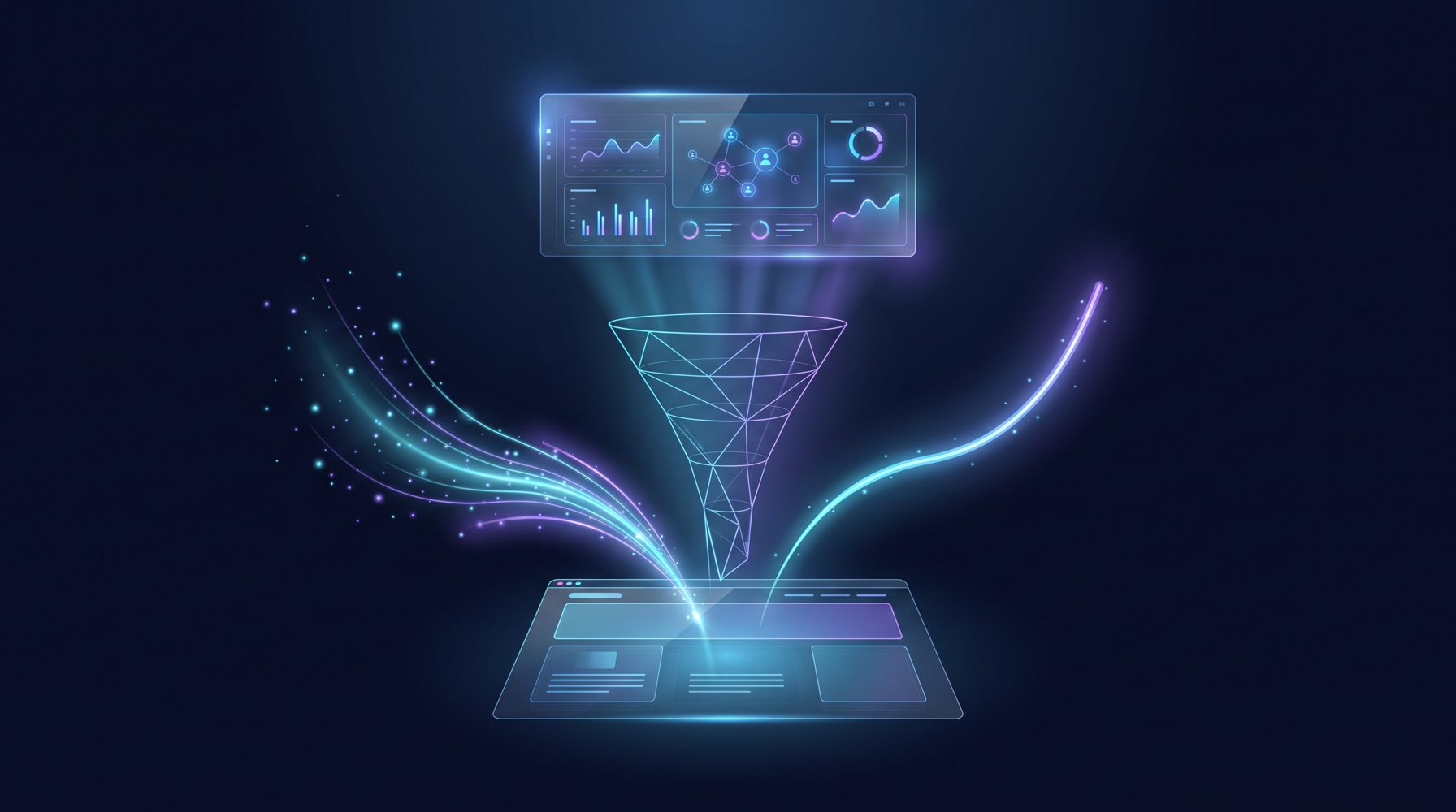 Abstract editorial illustration of a luminous dashboard floating above a business website, with streams of light points converging into a conversion funnel and a rising growth curve on a deep navy background with cyan accents