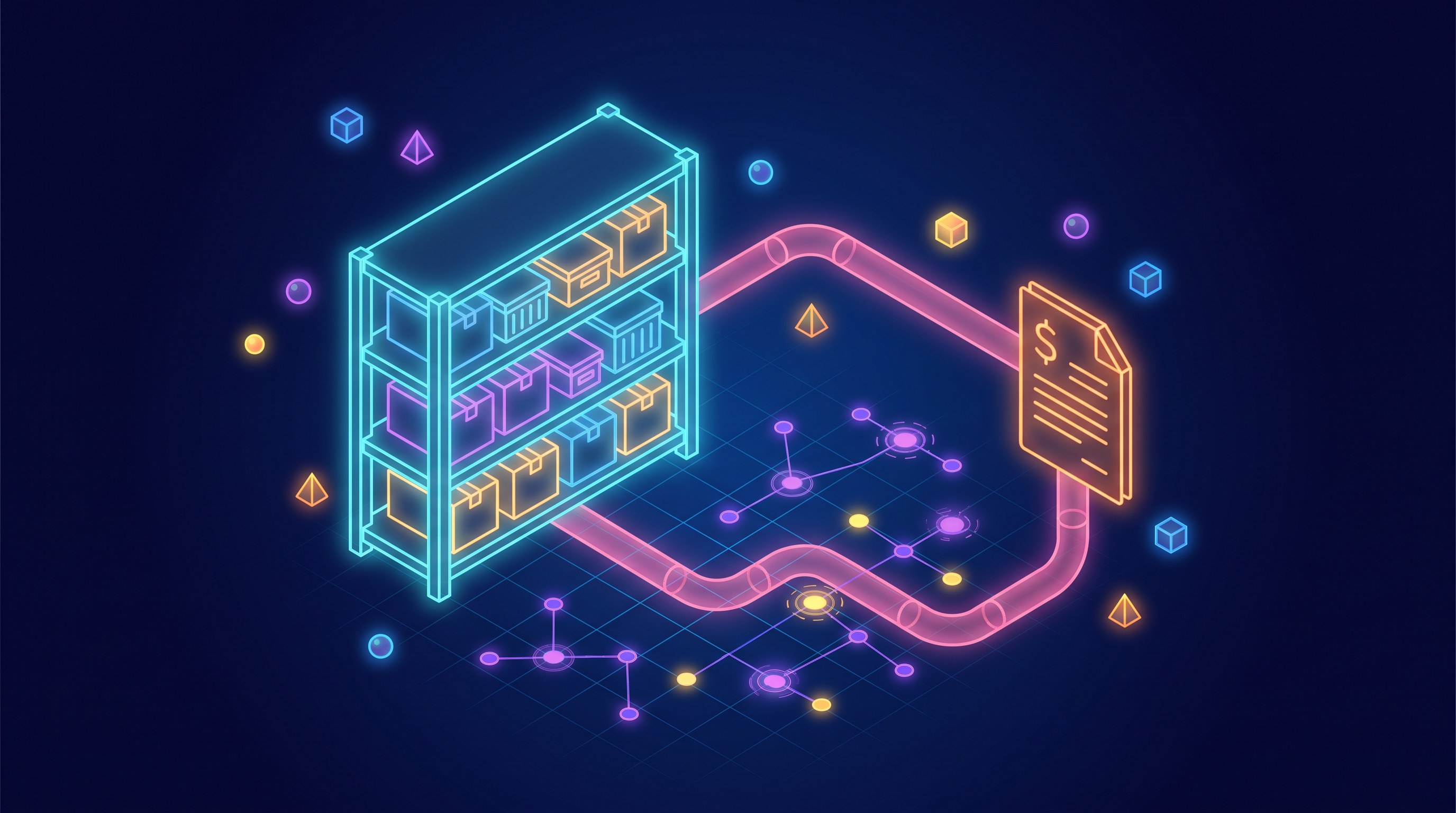 Abstract illustration of an automated flow connecting warehouse, suppliers and an invoicing system