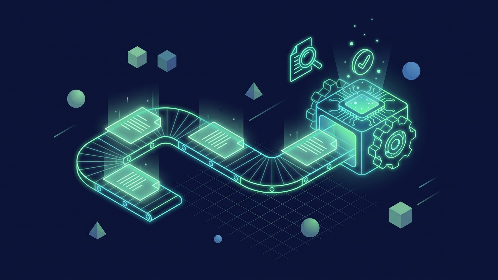 Abstract illustration of documents flowing through an automated pipeline with scanning icons and extracted data