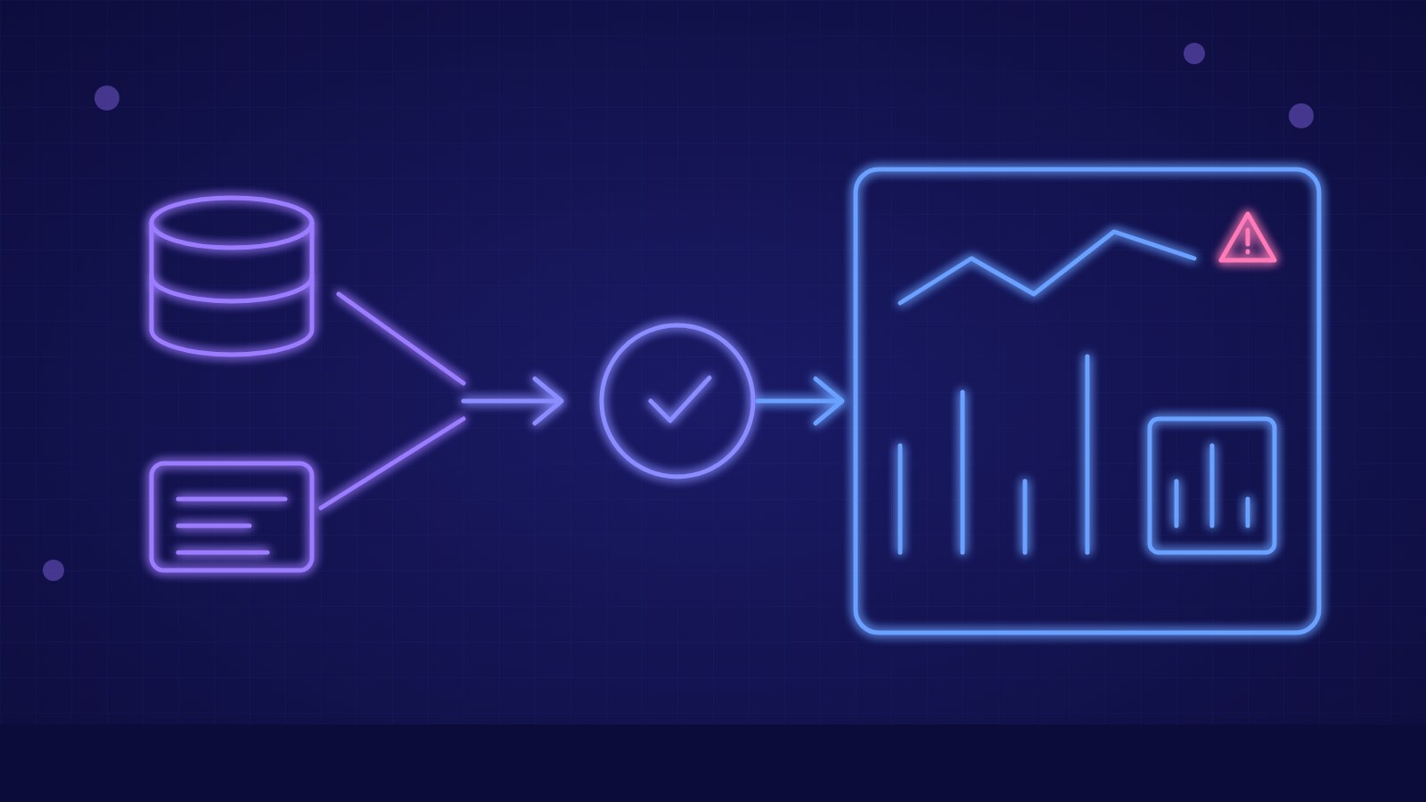 Abstract illustration of data flowing into a dashboard with charts and an alert indicator