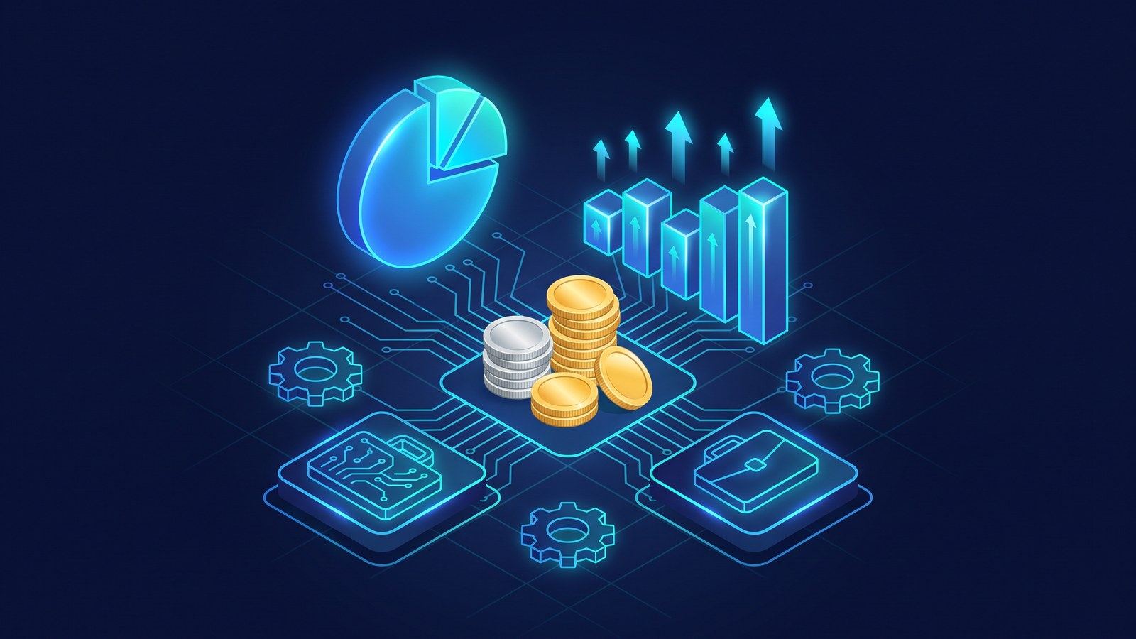 Abstract illustration of a pie chart and growth bars connected to business technology icons