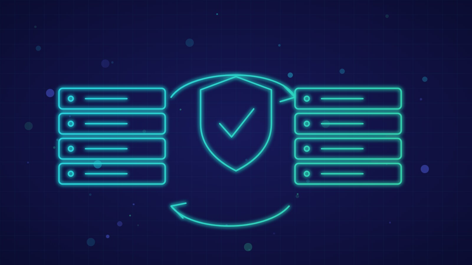 Abstract illustration of a server with a shield and a recovery arrow linking two data centers