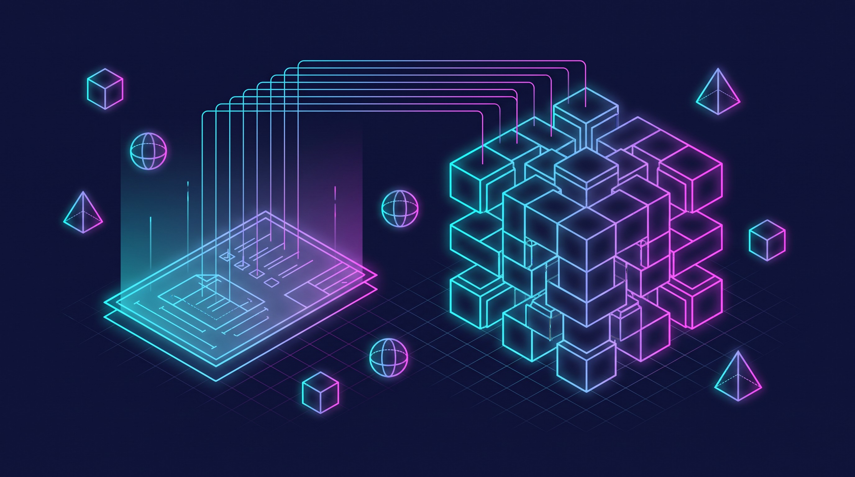 Abstract editorial illustration of a glowing technical document open on a dark table, with a requirements checklist lighting up item by item in cyan; beams of light rise from the page and connect to a three-dimensional modular software structure, made of geometric blocks fitted precisely together, growing upward in an orderly way like a building constructed from a precise blueprint