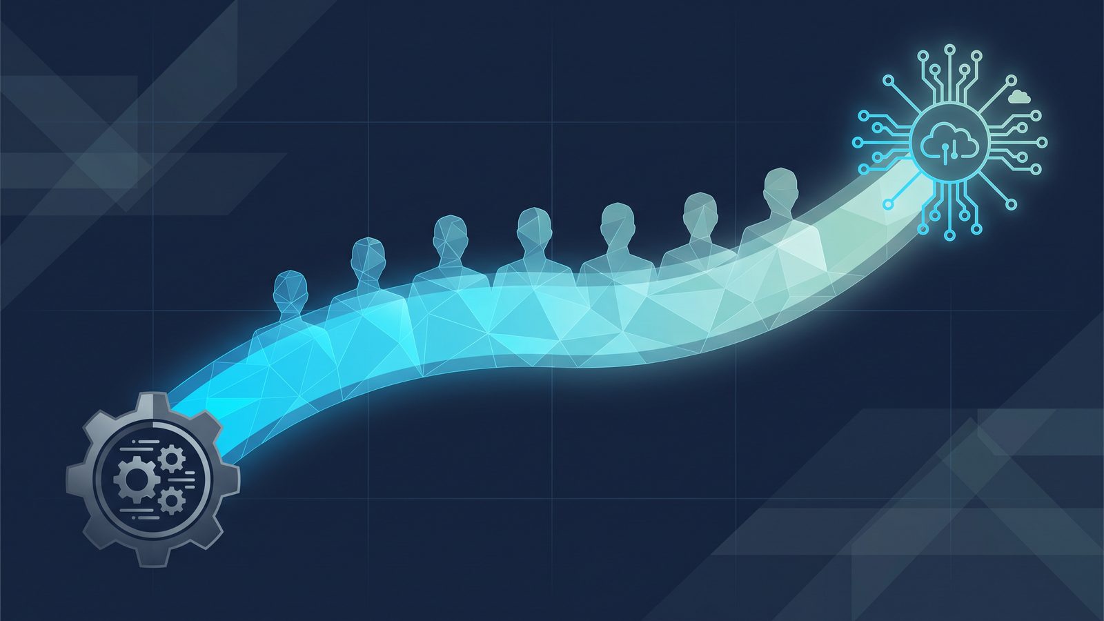 Abstract illustration of stylized human figures forming a bridge between a gear and a glowing network
