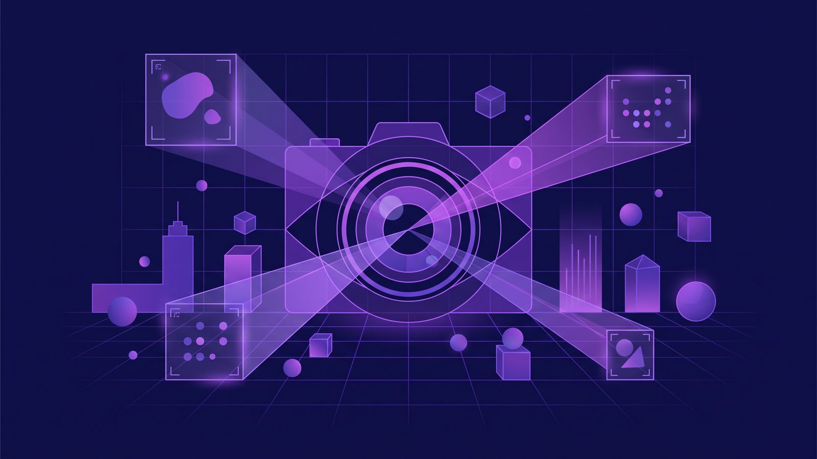 Abstract illustration of a lens analyzing geometric shapes and data points with object detection boxes