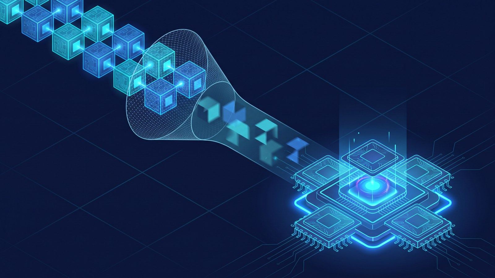 Abstract illustration of company data flowing through an anonymization filter before reaching an AI node