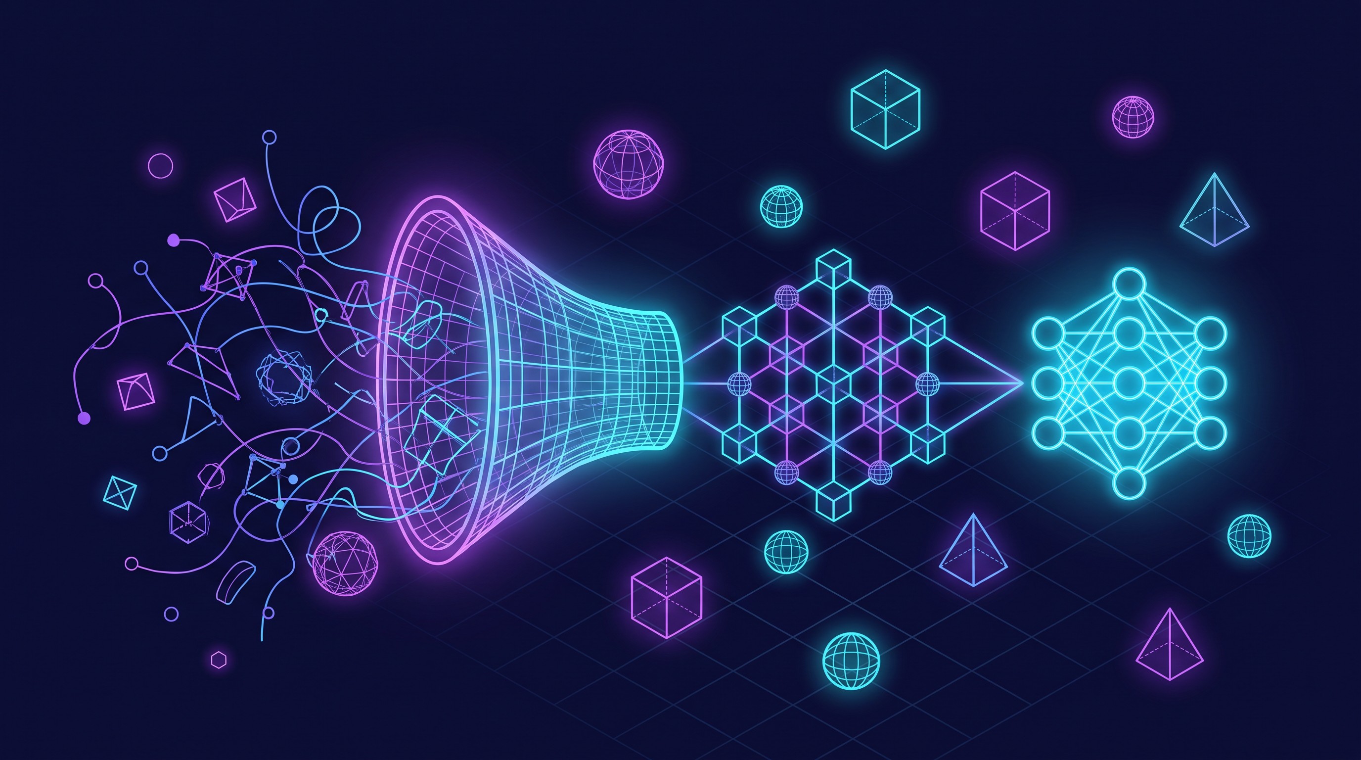 Abstract editorial illustration: on the left a chaotic cloud of scattered, fragmented gray data points of varying sizes, disordered, some overlapping and blurred; in the center a glowing funnel or filter they pass through; on the right the same points reorganized into a neat grid of luminous blue and purple nodes connected by clean lines, converging into a stylized glowing brain or neural-network-model icon, on a dark background with a blue-purple palette.