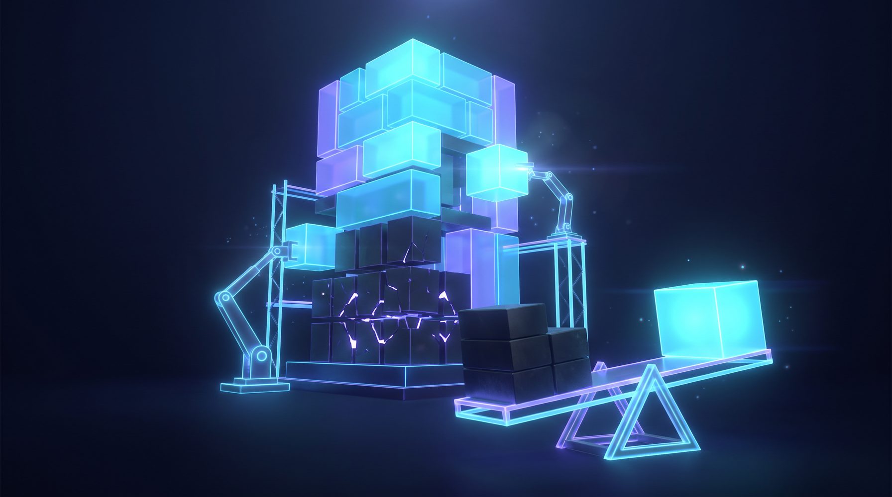 Abstract editorial illustration of a tower of luminous geometric blocks in which cracked, dark blocks are replaced by bright cyan blocks by robotic arms on scaffolding, with a balance comparing cost and value, on a deep navy background