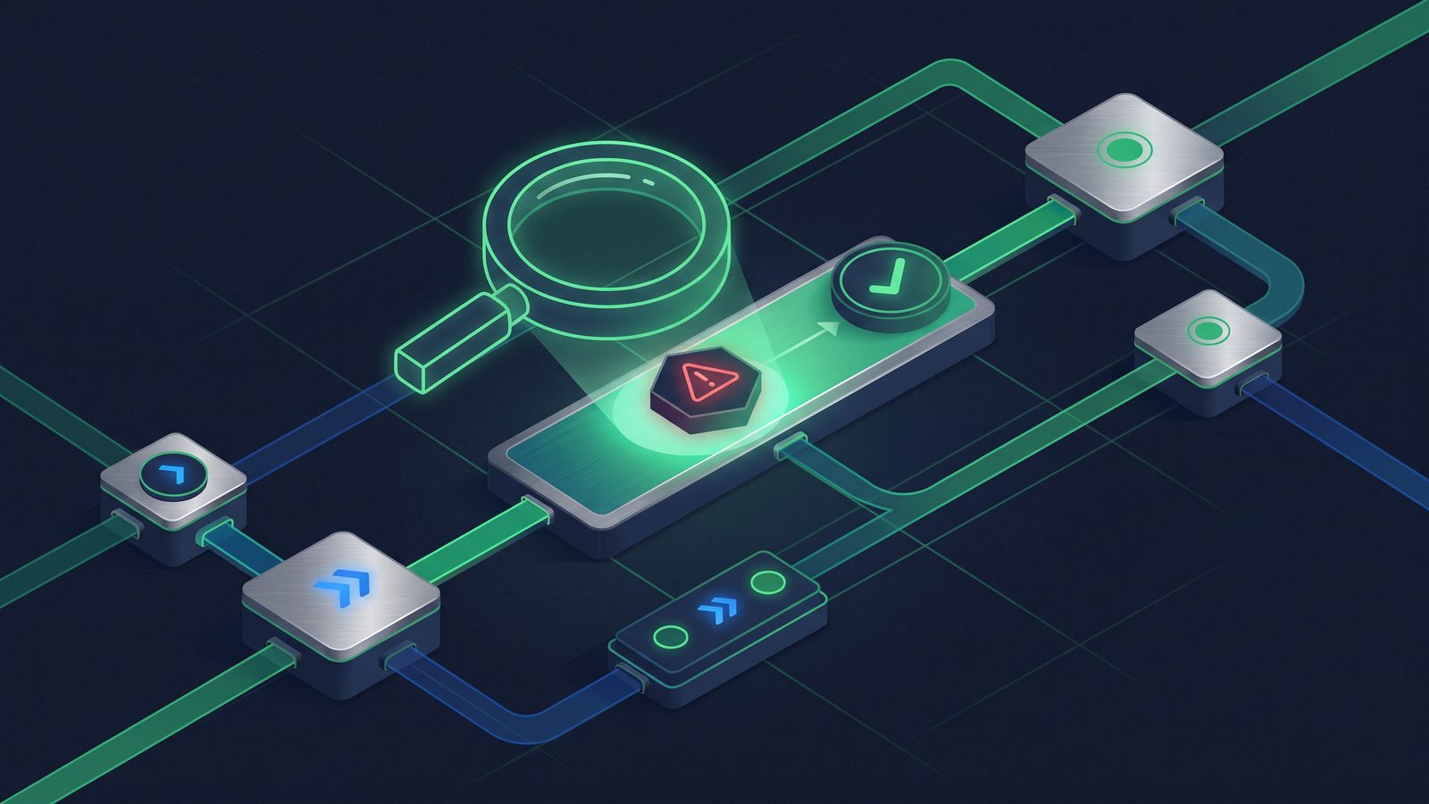 Abstract illustration of interconnected workflow nodes monitored by a magnifying glass and alert icons