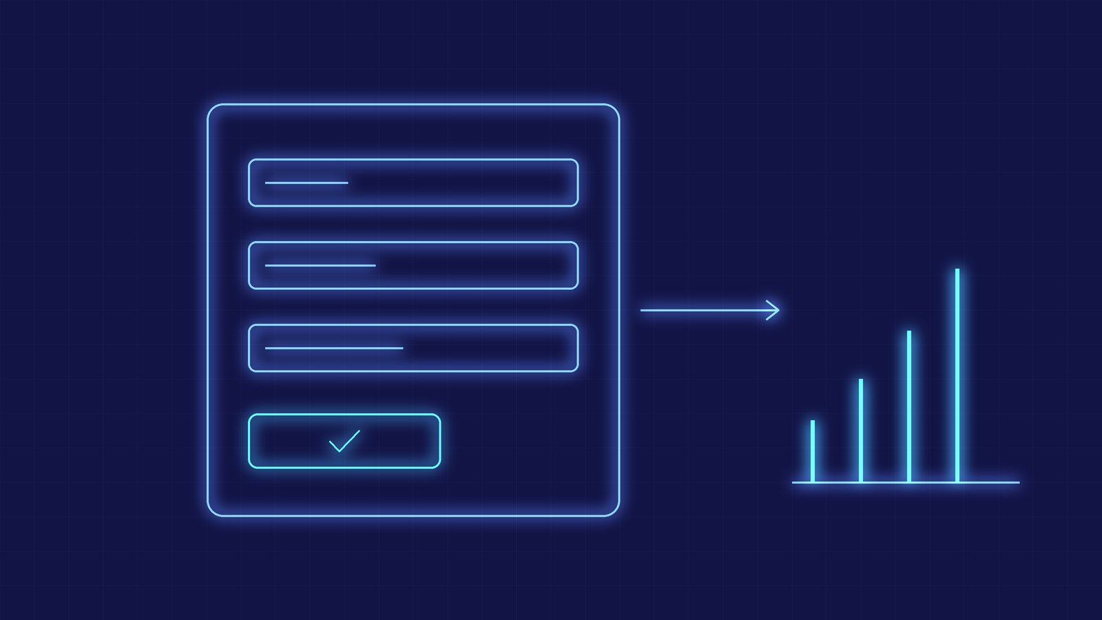 Abstract illustration of a web form with few fields, a submit button and a rising conversion indicator