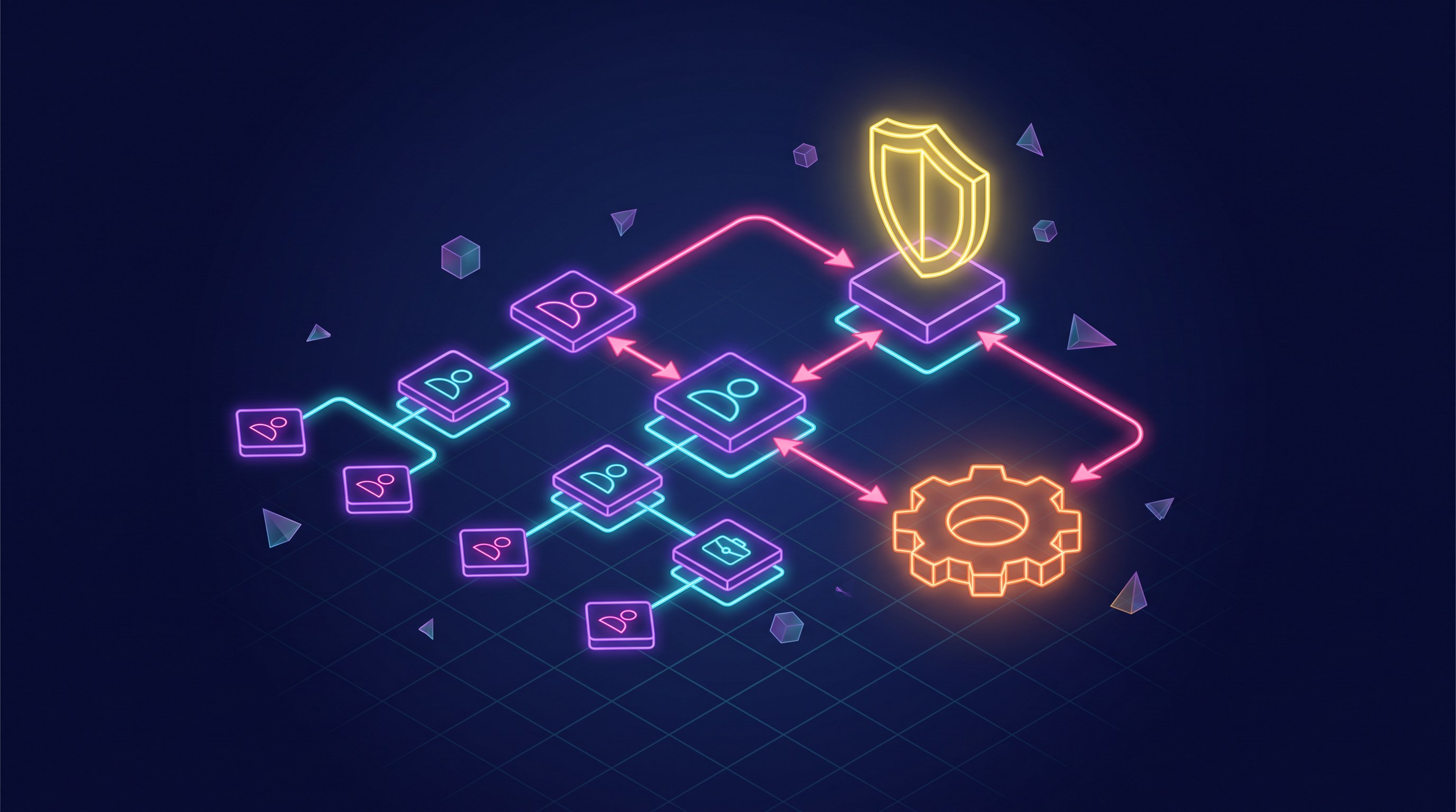 Abstract illustration of a corporate org chart connected to technology nodes and decision flows
