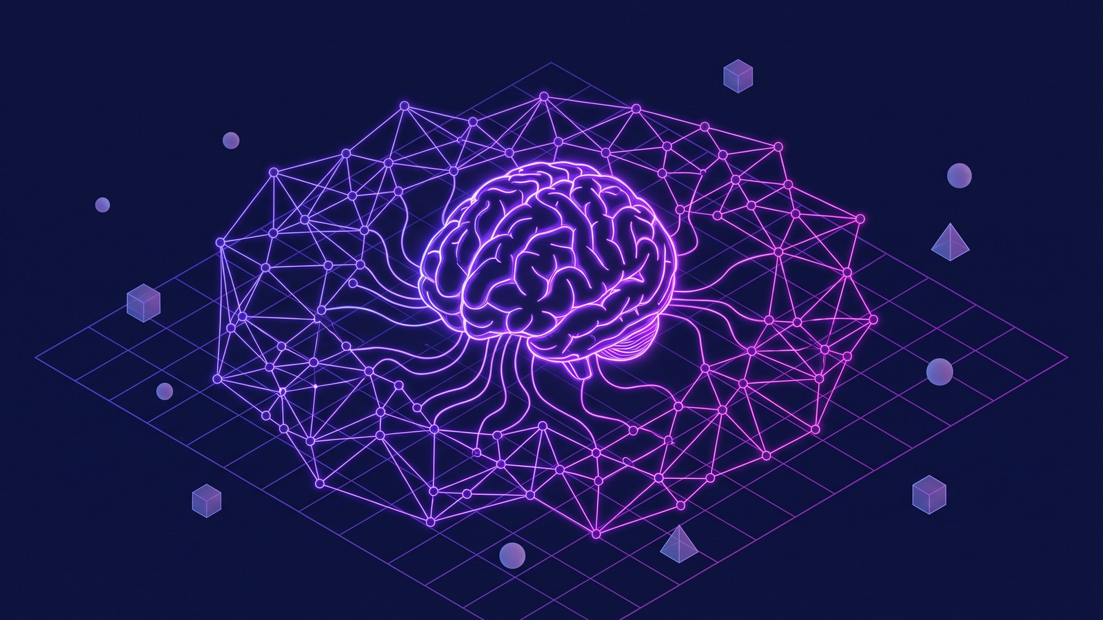 Abstract illustration of a graph of nodes and connections linked to a language model