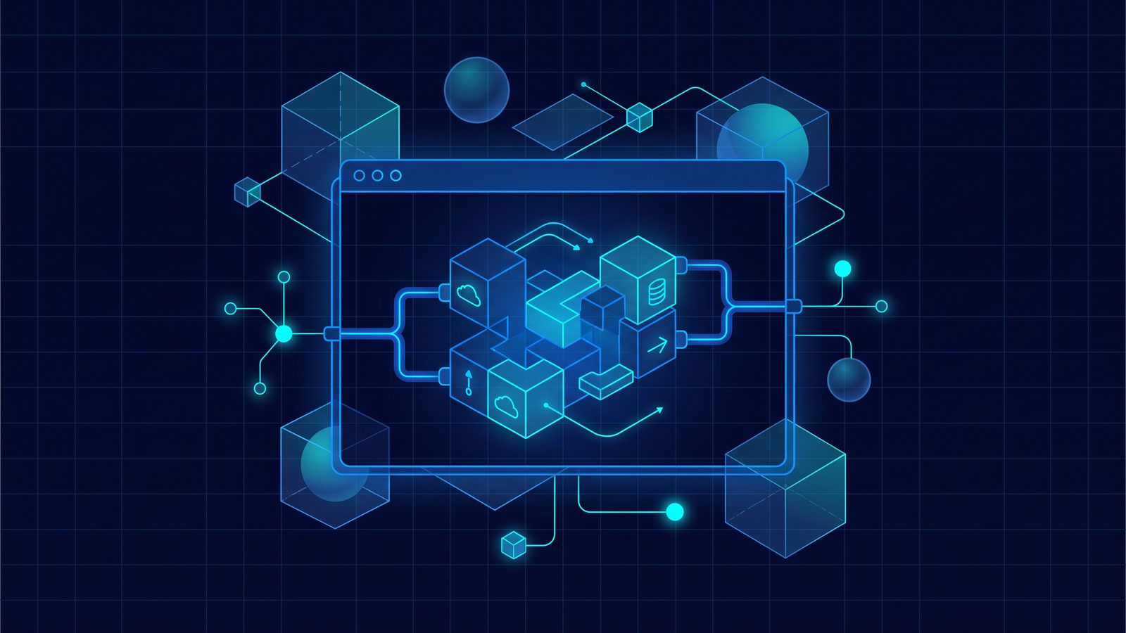 Abstract illustration of a Jamstack architecture with a headless CMS, content blocks connected via API