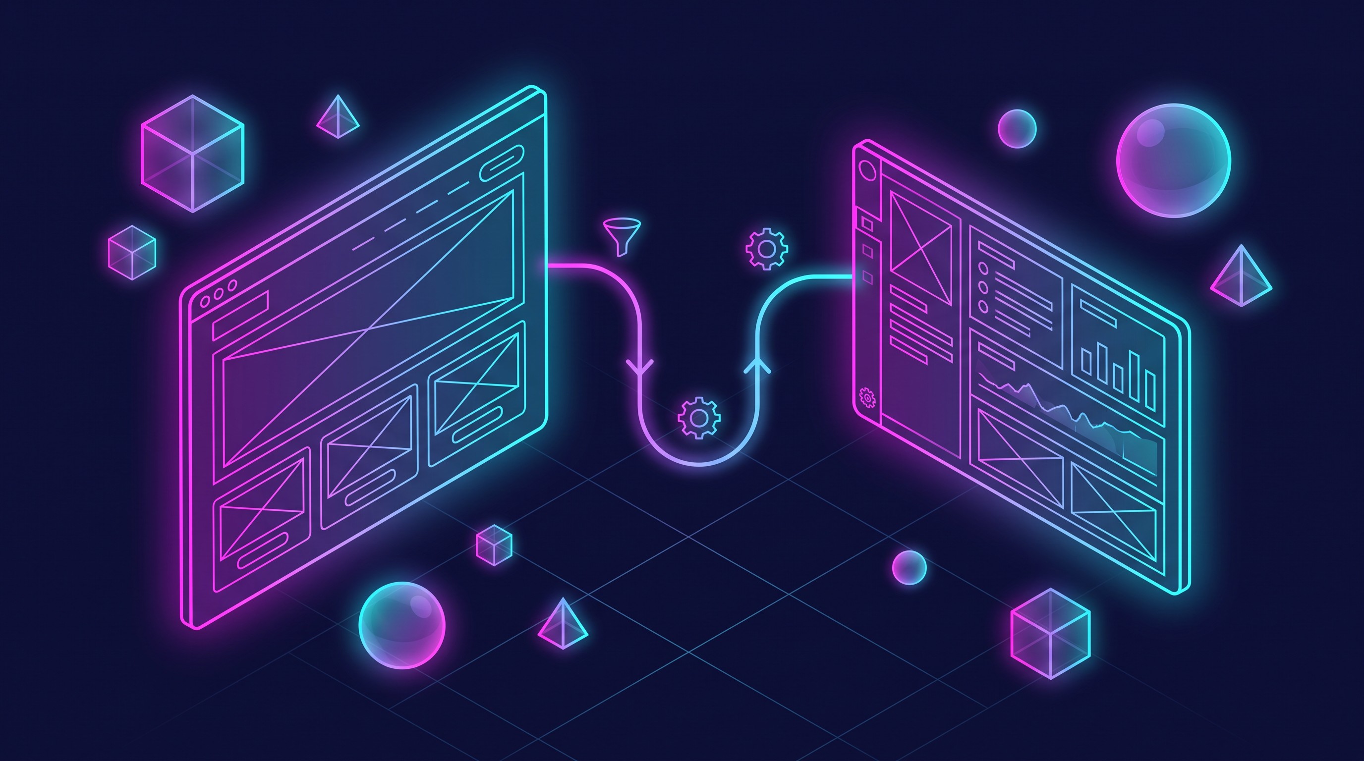 Abstract editorial illustration of a landing page on a laptop screen linked by glowing blue lines to a floating CRM dashboard showing contact cards, lead-scoring charts and a stylized conversion funnel, blue and teal color palette on a light background, minimalist flat design style