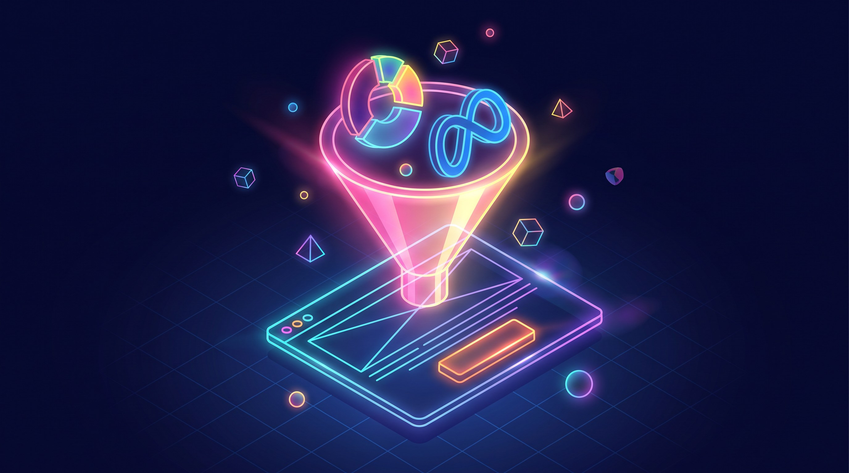 Abstract illustration of an advertising conversion funnel connected to a landing page and an analytics panel