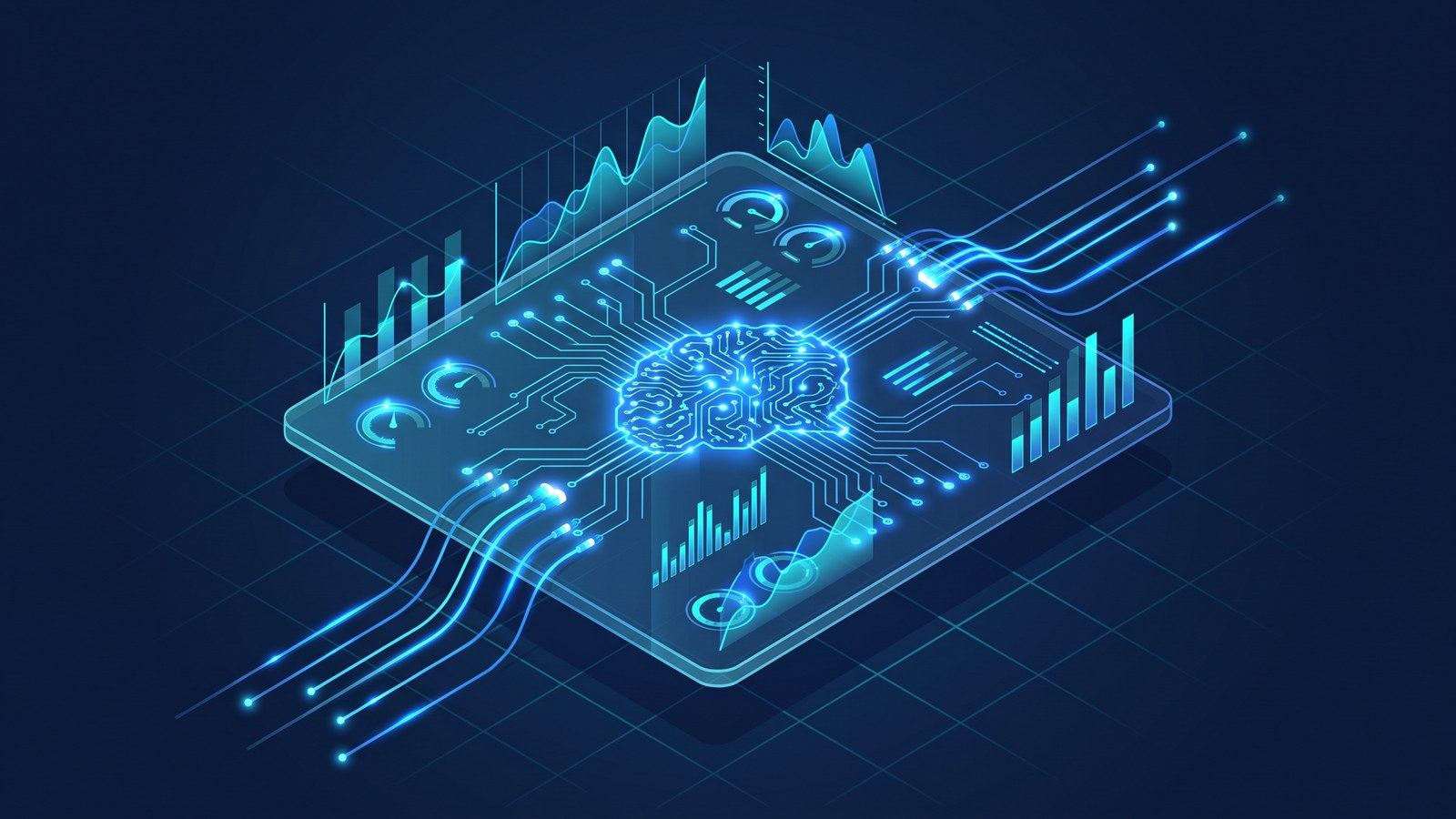 Abstract illustration of a monitoring dashboard with charts connected to a central AI node