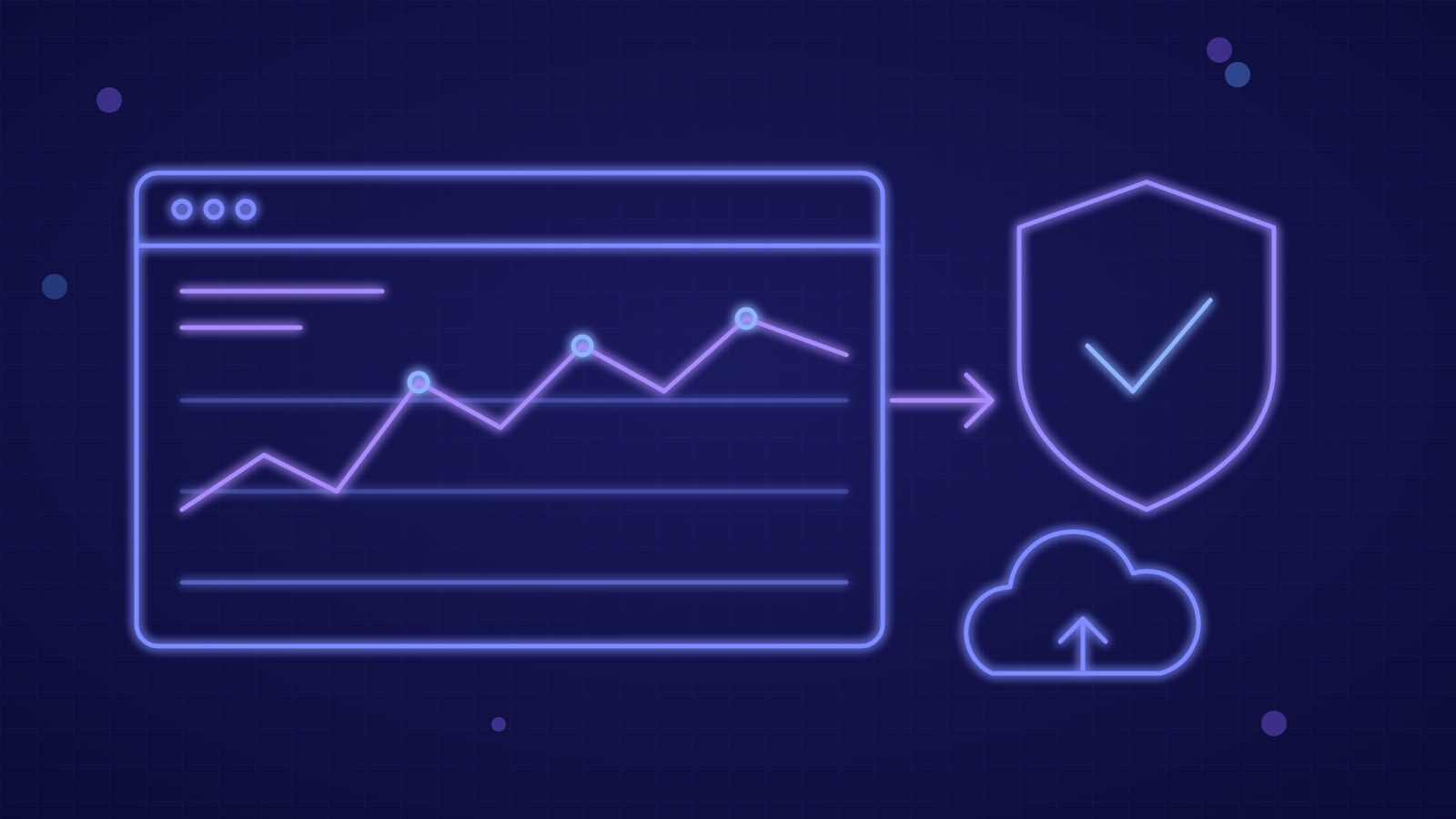 Illustration of a monitoring dashboard with an uptime chart, a backup icon and a security shield