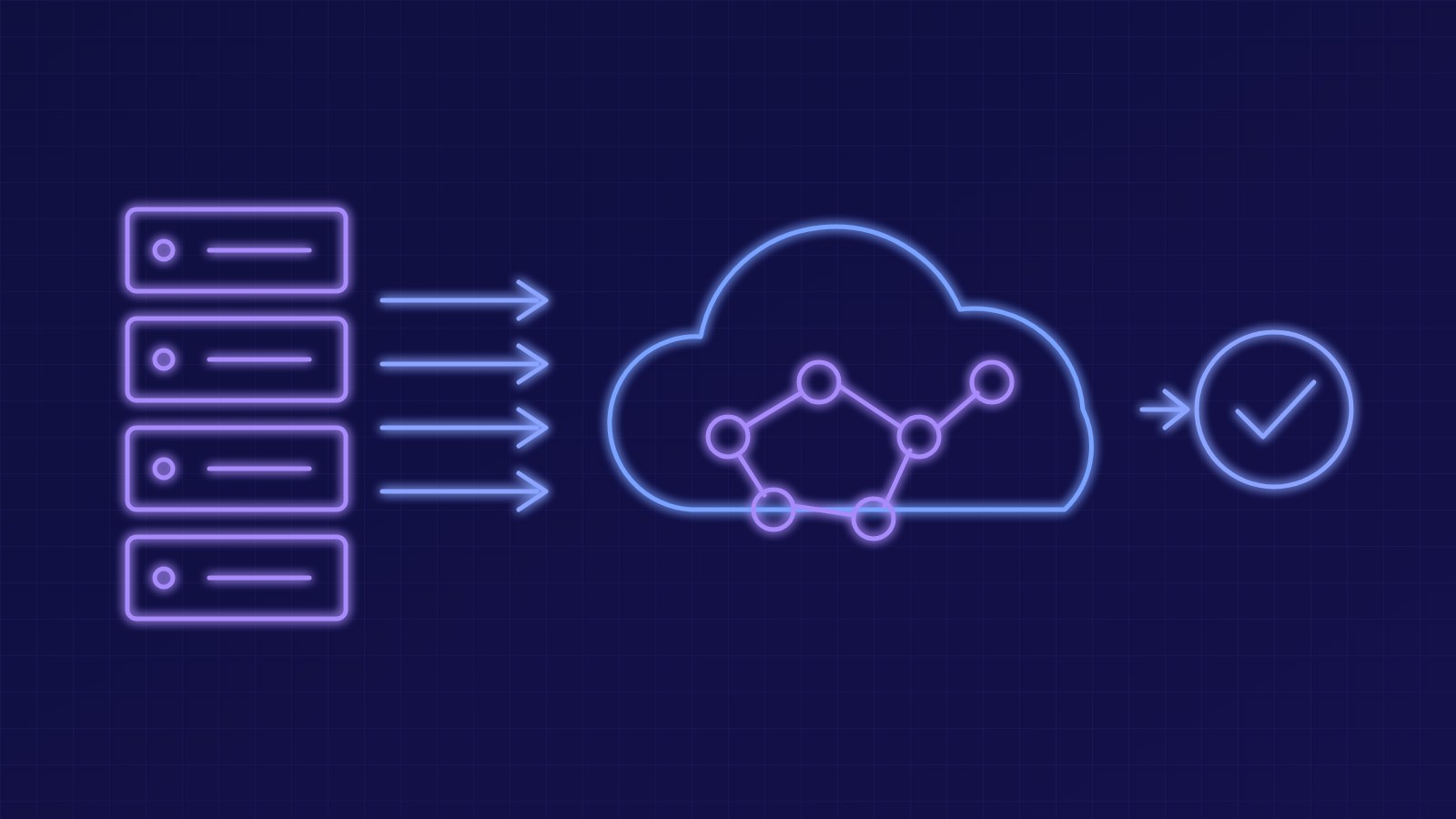 Abstract illustration of on-premises servers connected by arrows to a cloud with six nodes