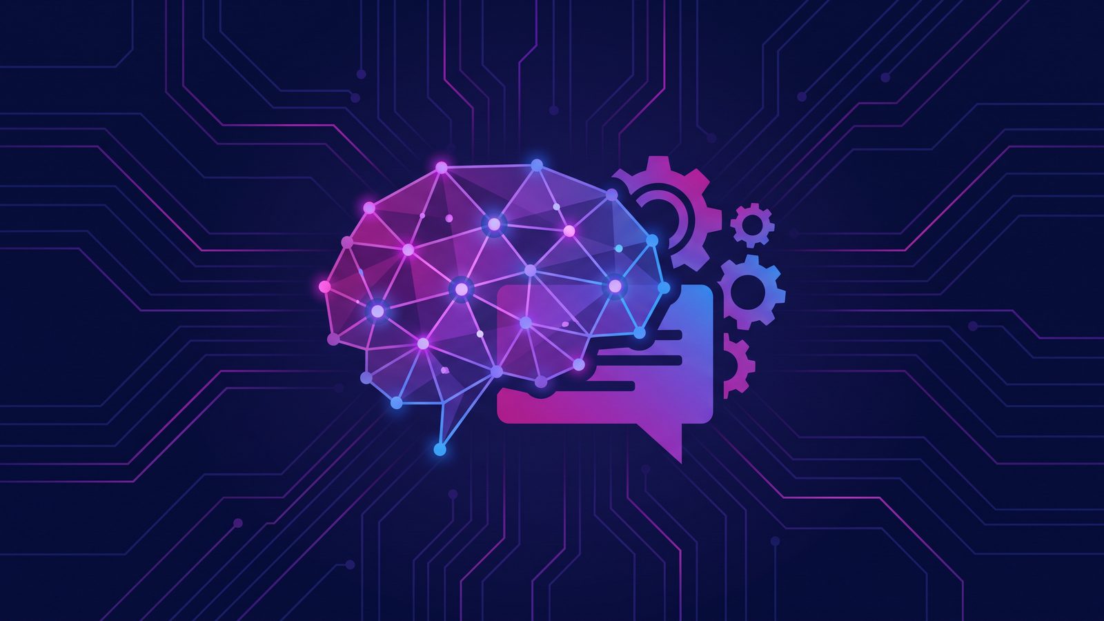 Abstract illustration of a neural network merging with chat and business gear icons