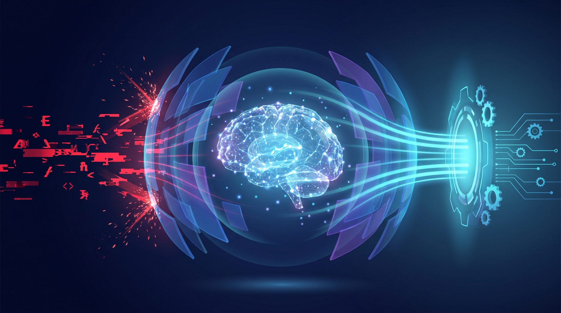 Abstract editorial illustration of a luminous artificial intelligence brain protected by a multi-layered firewall barrier that deflects malicious red fragments, while safe cyan data flows through a guarded gate, on a deep navy background