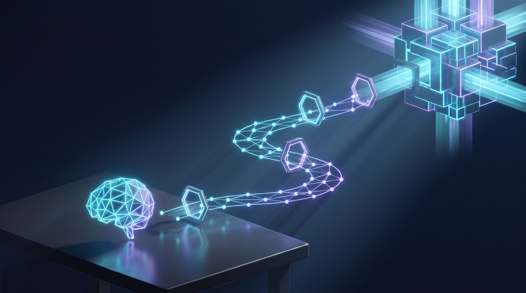 Abstract editorial illustration of a small glowing neural network prototype on a test bench, with a stepped path of light rising from a tiny prototype to a large scaled-up artificial intelligence system, on a deep navy background with violet and cyan accents