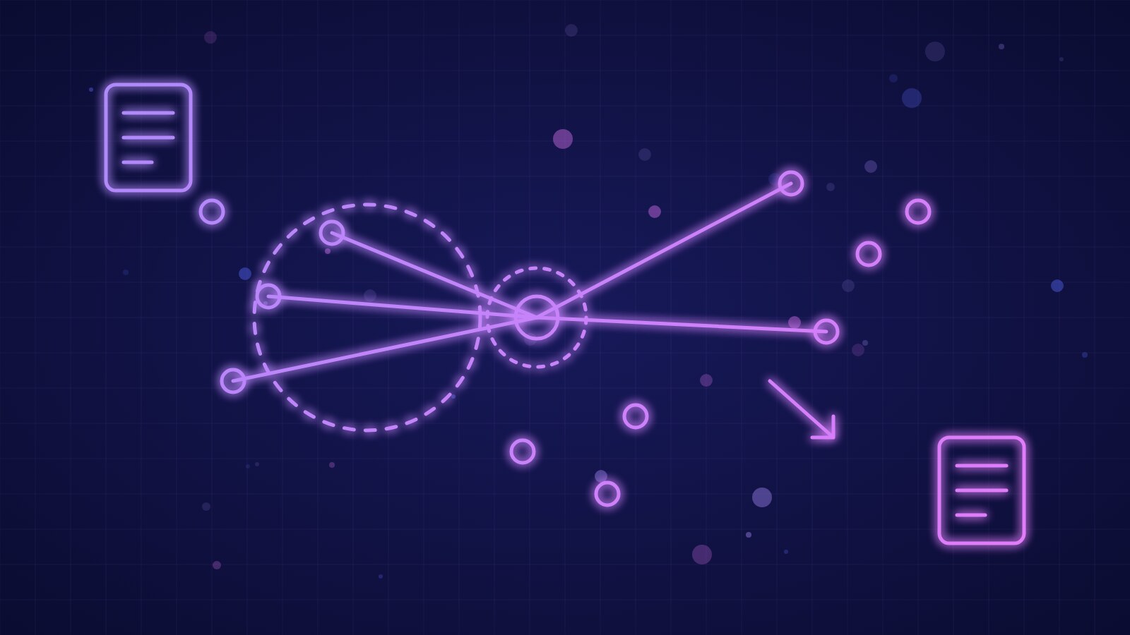 Abstract illustration of documents turned into points in a vector space with a query finding its nearest neighbours
