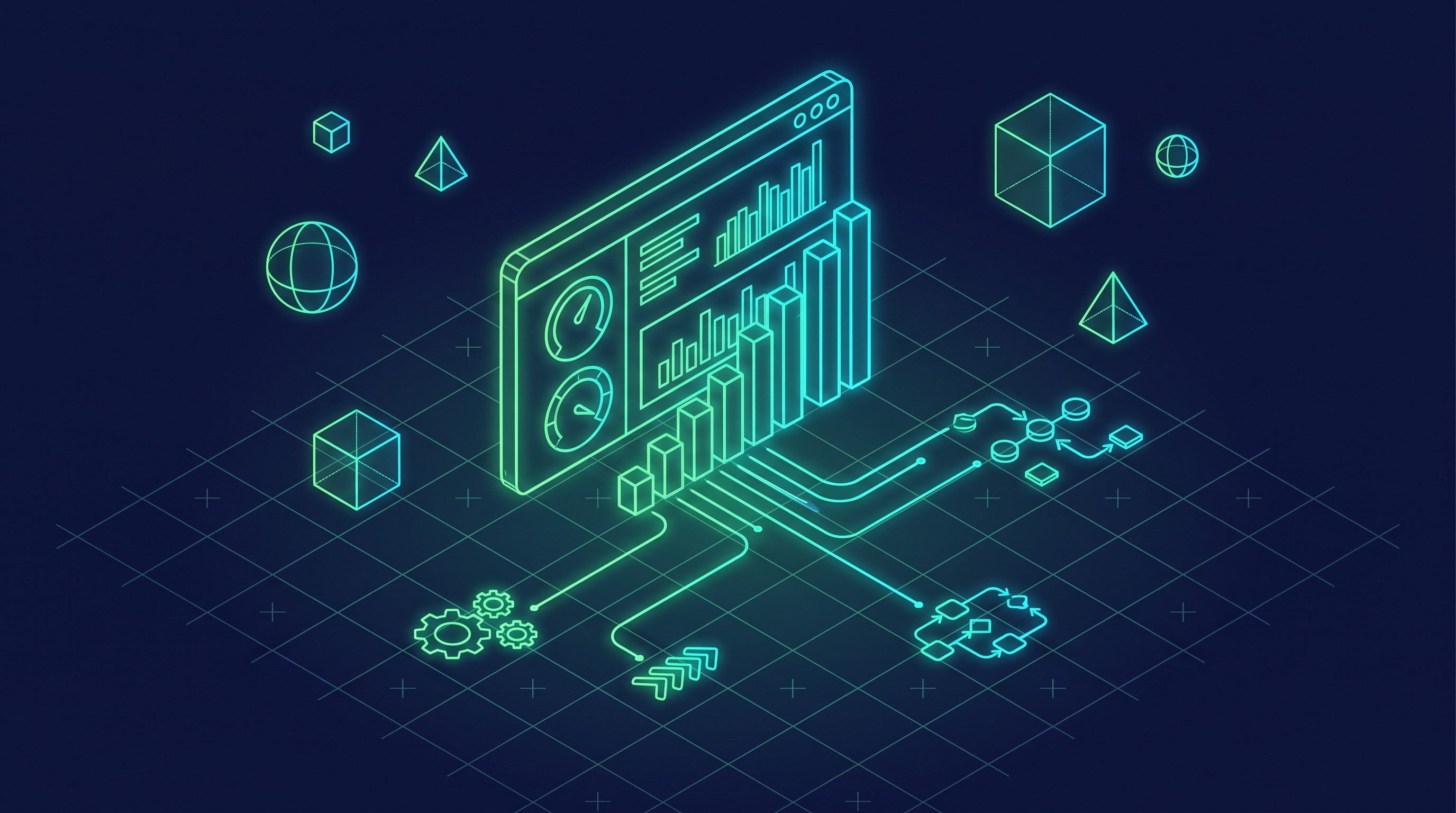Abstract editorial illustration of a KPI dashboard with floating bar charts and metric gauges above a network of connected workflow automation nodes, a rising green arrow symbolizing ROI growth, minimal geometric style in a green and cream palette.