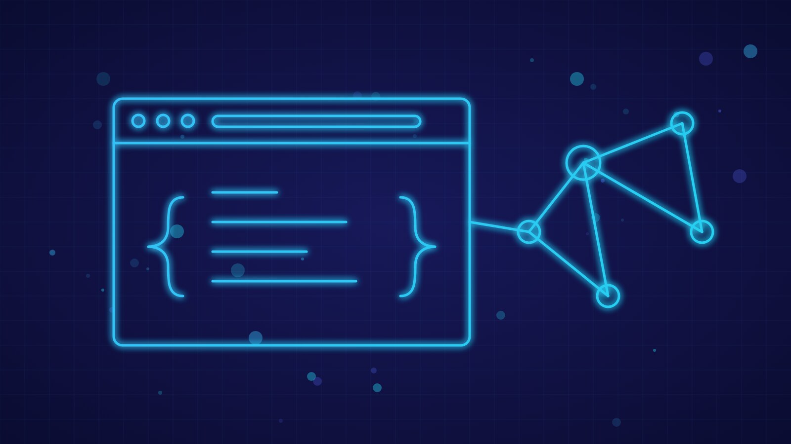 Abstract illustration of a web page with JSON-LD curly braces linking to an entity graph