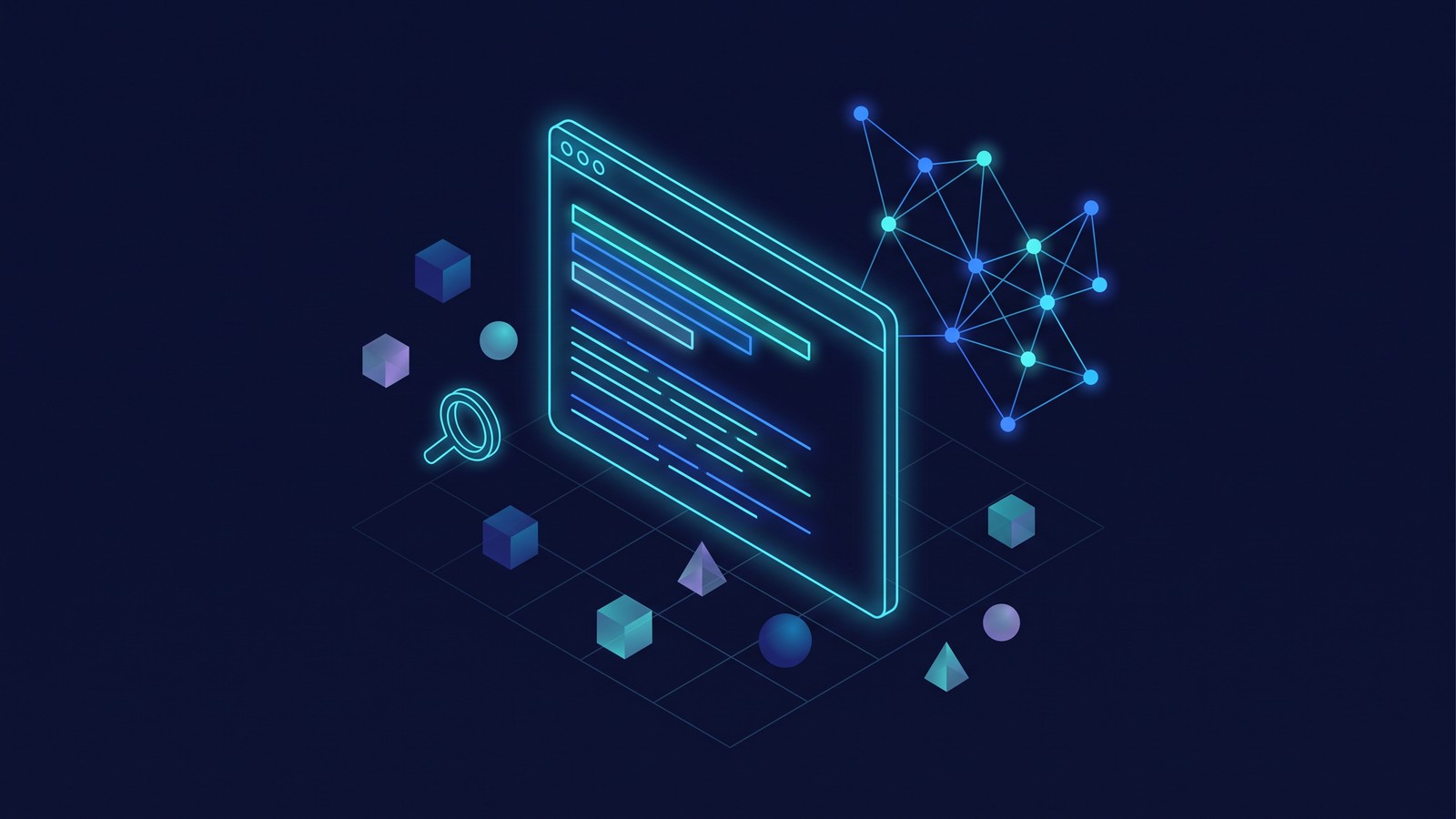 Abstract illustration of a web page with content blocks, heading tags and a graph of topical links