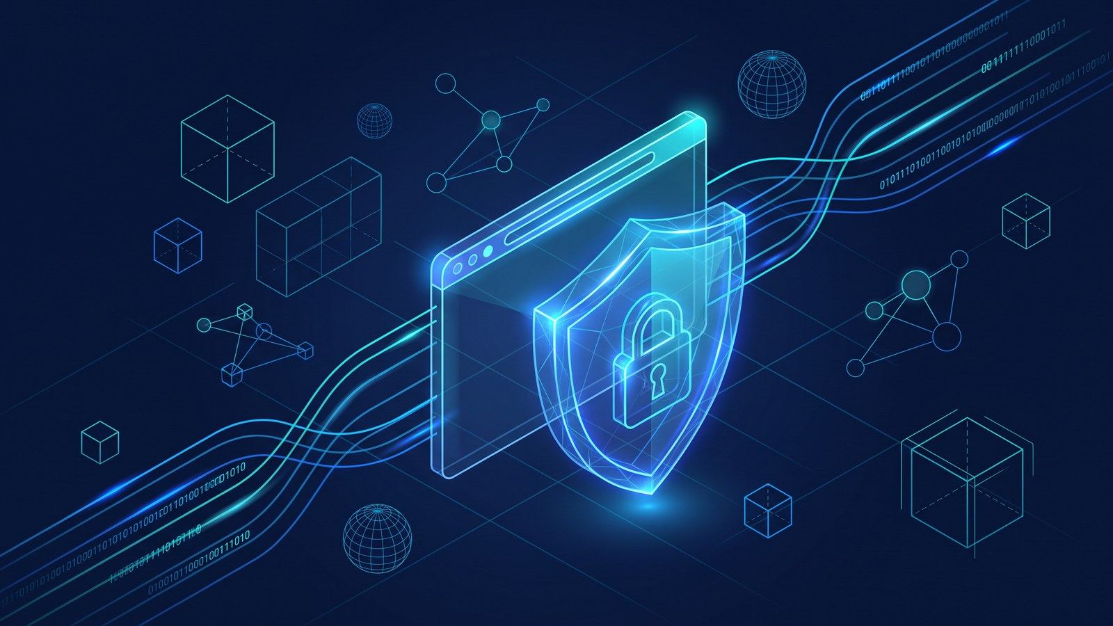 Abstract illustration of a website protected by a digital shield with locks and encrypted data flows