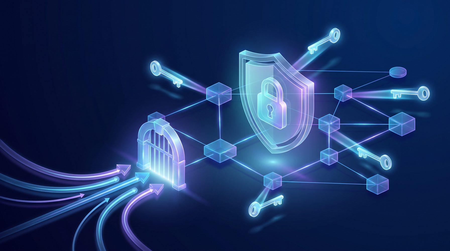 Abstract editorial illustration of an interconnected workflow node graph protected by a luminous shield and padlock, with webhook arrows entering through a secure gate and keys of light guarding the connections, on a deep navy background with cyan accents