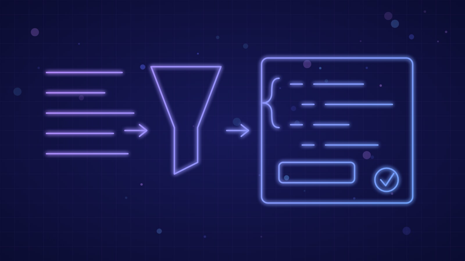 Abstract illustration of free text passing through a filter and becoming a neat, validated JSON object