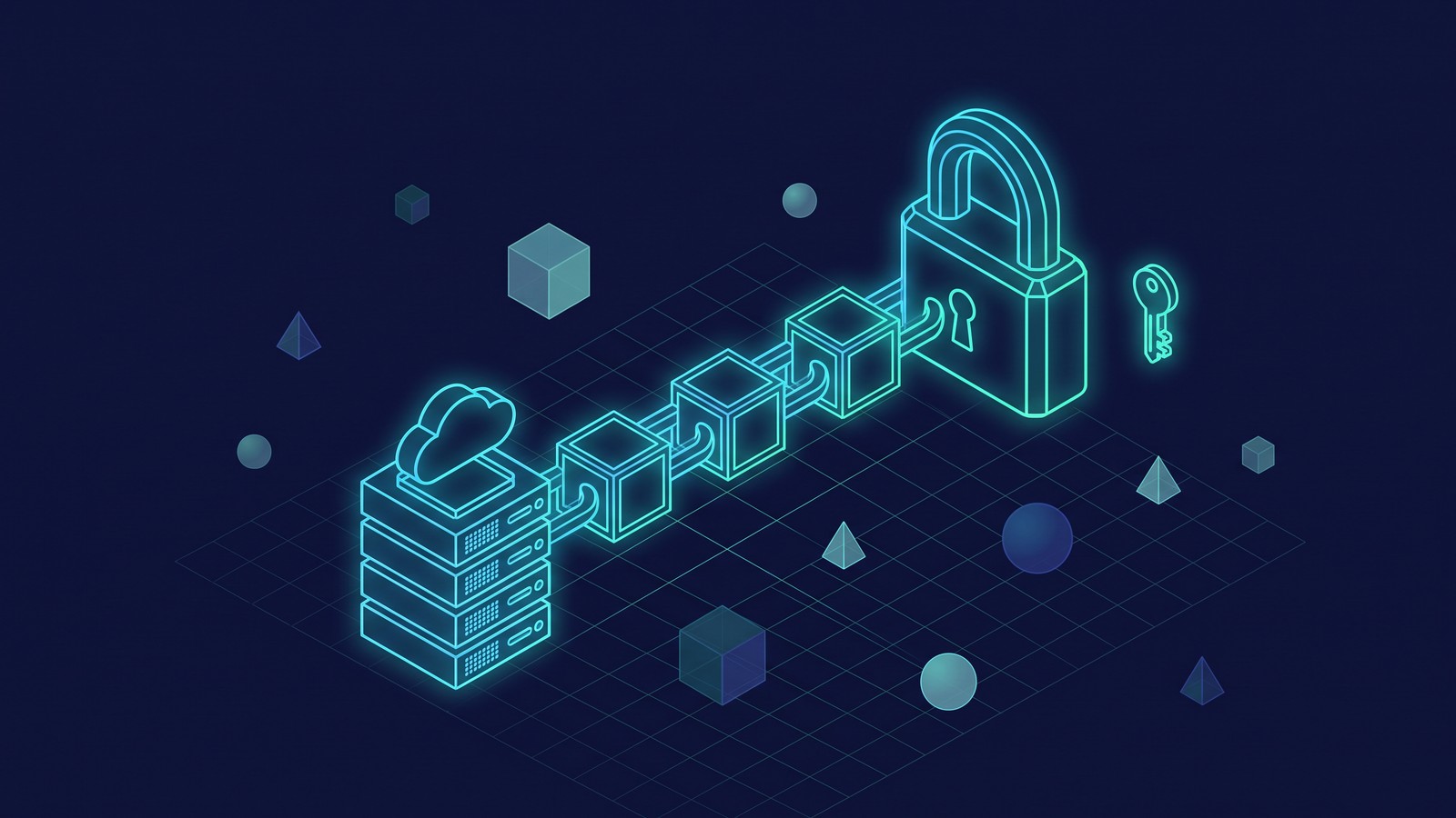Abstract illustration of a chain linking technology blocks to a padlock